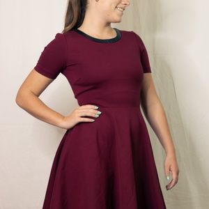 Madewell burgundy leather trim fit and flare dress